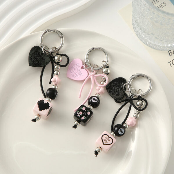 Wholesale Heart shaped bow square beads black pink keychain