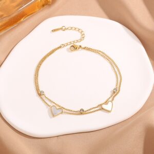 J798 heart-shaped white shell anklet with rhinestones - gold tone