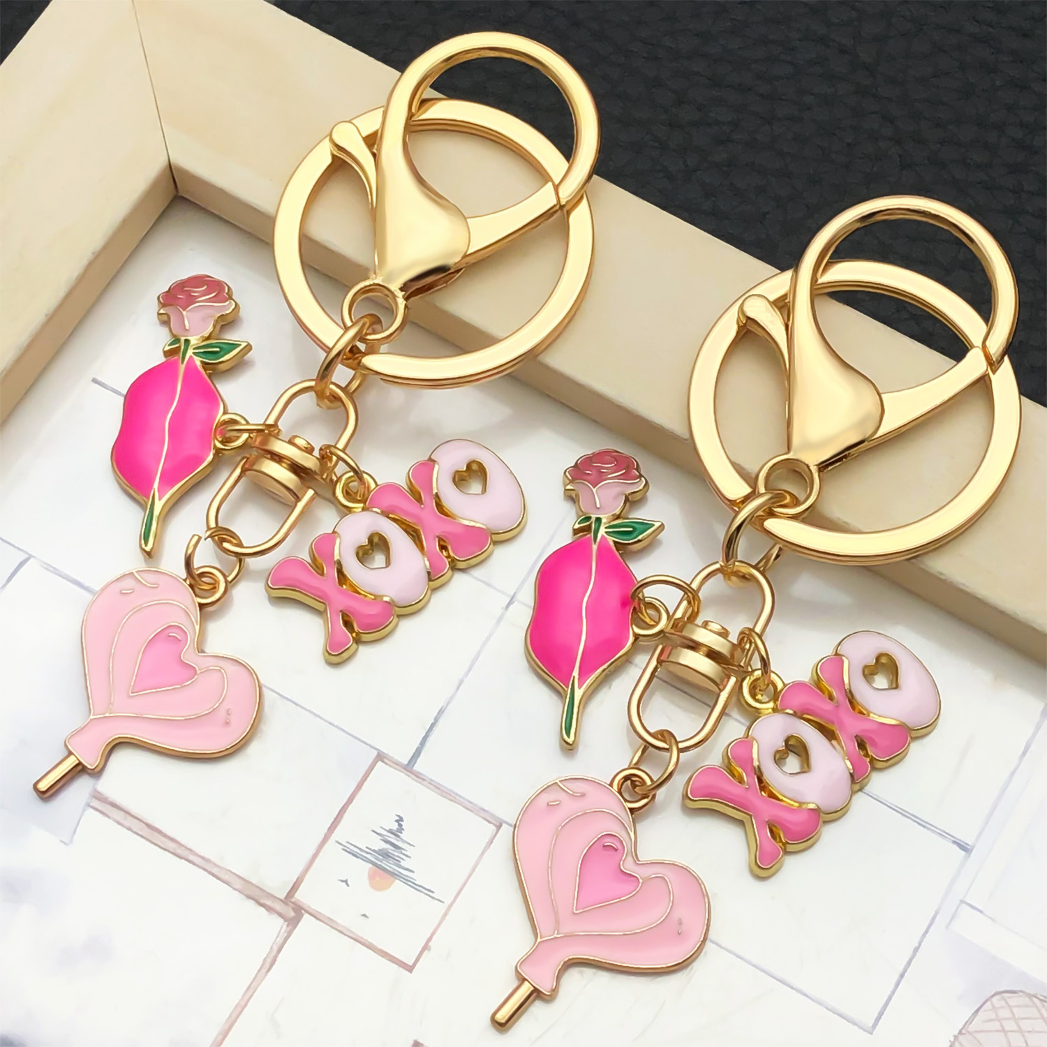 Wholesale Valentine's Day Oil ipping Pink Rose Love Candy Keychain