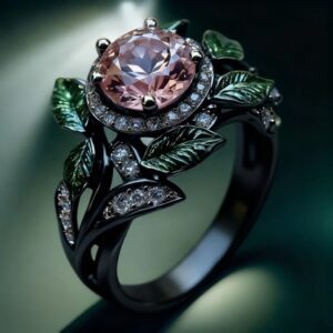 Wholesale Bright Pink Zircon Green Leaf Oil Drop Flower Plant Ring