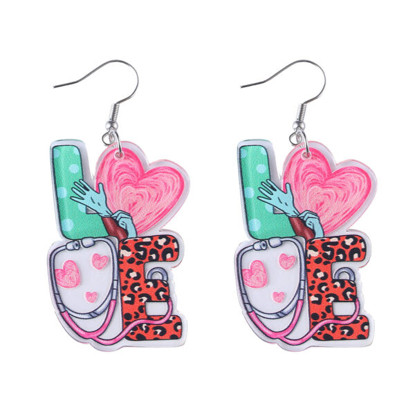 Wholesale LOVE Stethoscope Heart Leopard Print Pendant Earrings
