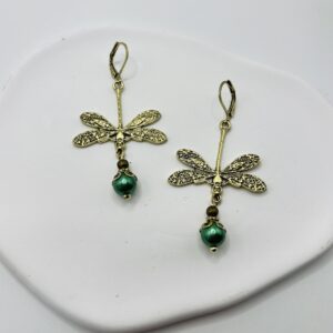 Ancient golden dragonfly green beads