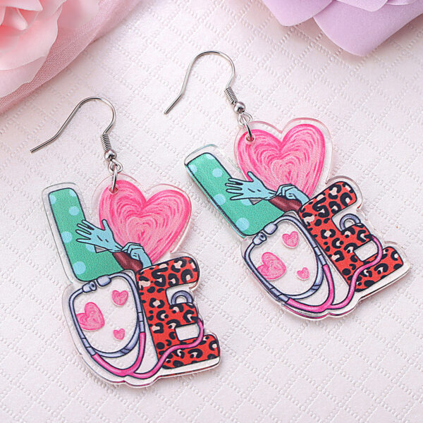Wholesale LOVE Stethoscope Heart Leopard Print Pendant Earrings