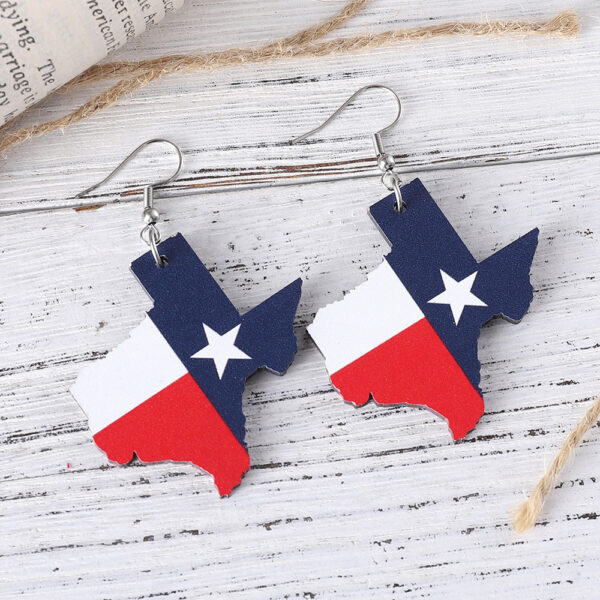 Wholesale Cross Border US Independence Day Red White Blue Stars Texas Map State Flag Pendant Wooden Double Sided Earrings