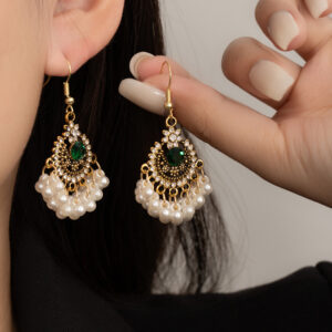 Wholesale Pearl tassel Bohemian diamond studded flower earrings