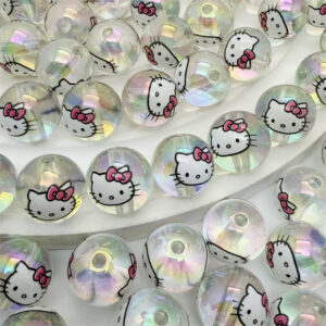 Wholesale Transparent acrylic printing hallo KT cat straight hole round beads DIY jewelry mobile phone chain beaded pen handmade accessories