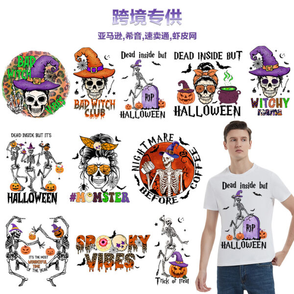 Wholesale Cross-Border Exclusive Supply of Halloween Skull White Ink Heat Transfer Stickers for T-Shirts, Custom Heat Transfer Stickers, Ready Stock