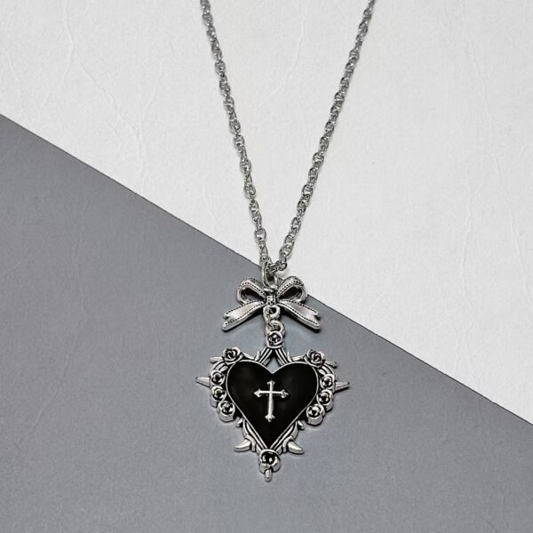 Wholesale Dark Gothic Punk Red and Black Heart Bow Cross Necklace Retro Clavicle Chain