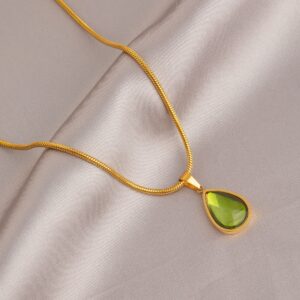 Gold green water drop necklace