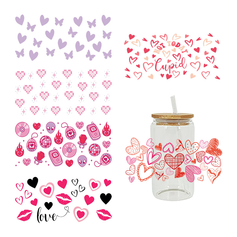 Wholesale Pink Heart Valentine's Day 16oz C UV DTF Wraps