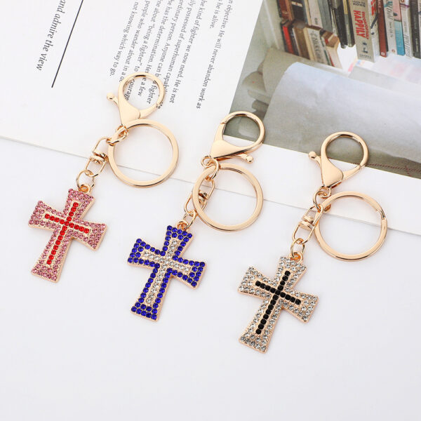 Wholesale Colored Cross with Water Diamond Metal Keychain