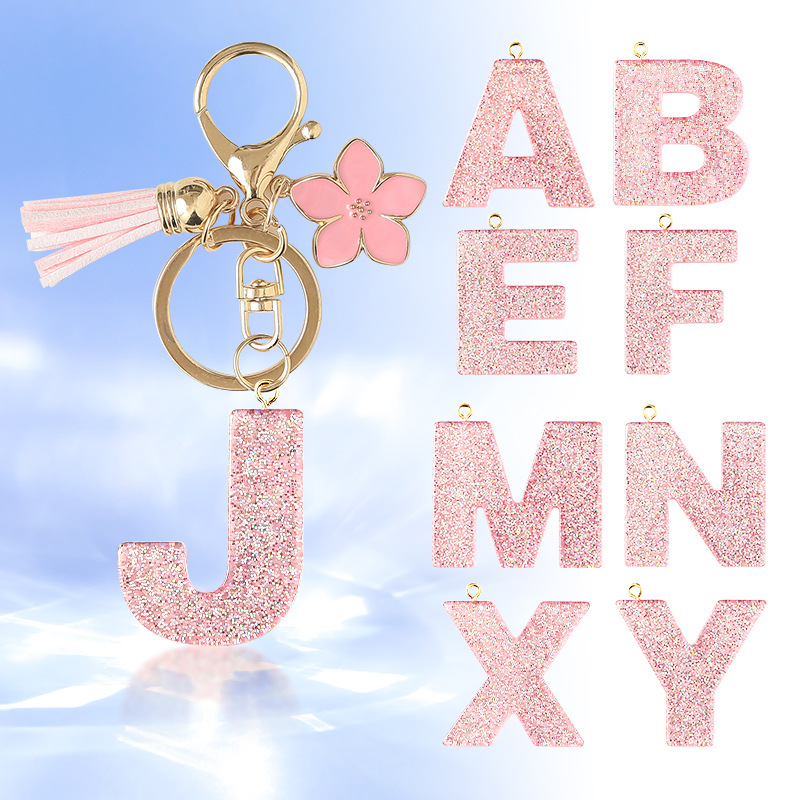 Wholesale Pink 26 letter Sparkling Pink Flower Tassel Keychain