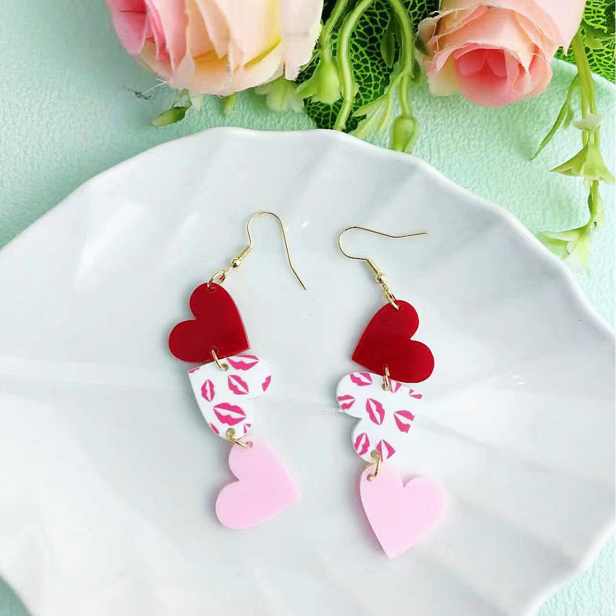 Wholesale Heart-Shaped Pendant Lip Flower Pattern Earrings Acrylic Earrings Valentine's Day Gift