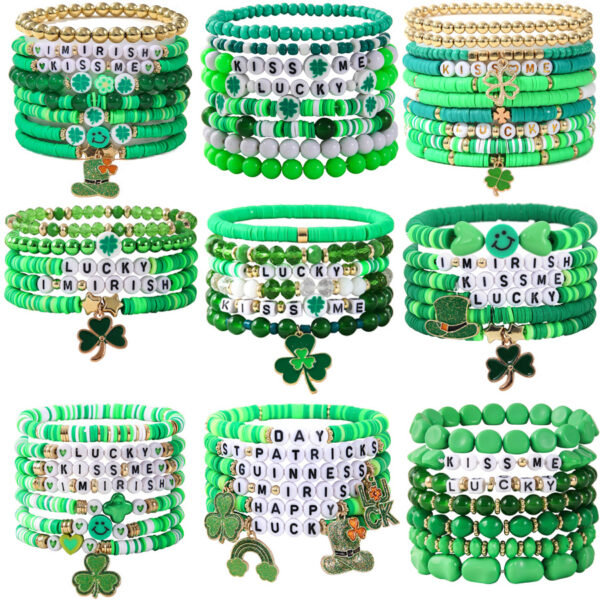Wholesale St. Patrick's Day Green Lucky Clover Soft Ceramic Bracelet Set