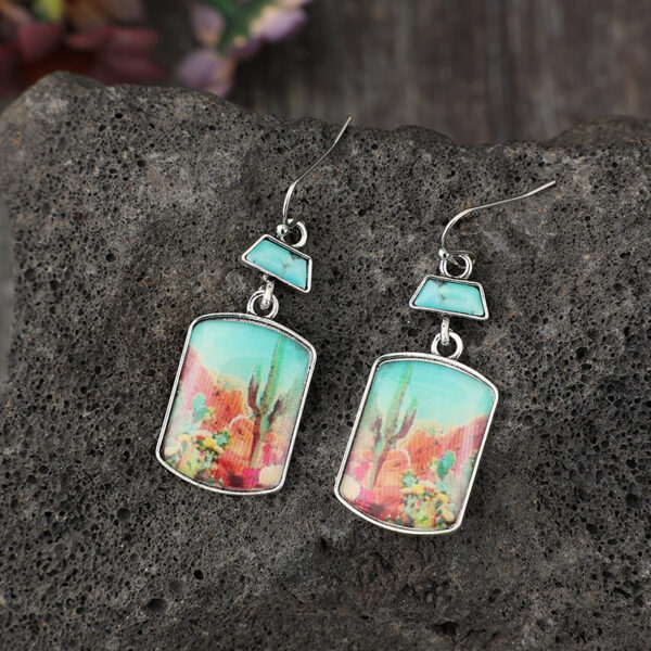 Wholesale Western style geometric printing cactus turquoise earrings