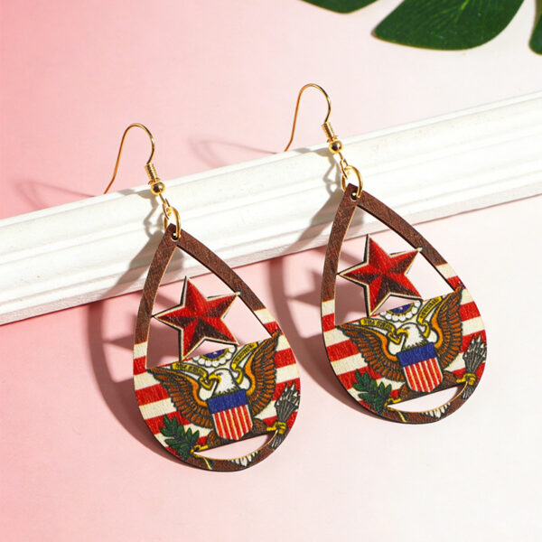 Wholesale Water drop five-pointed star earrings eagle emblem pattern wooden earrings
