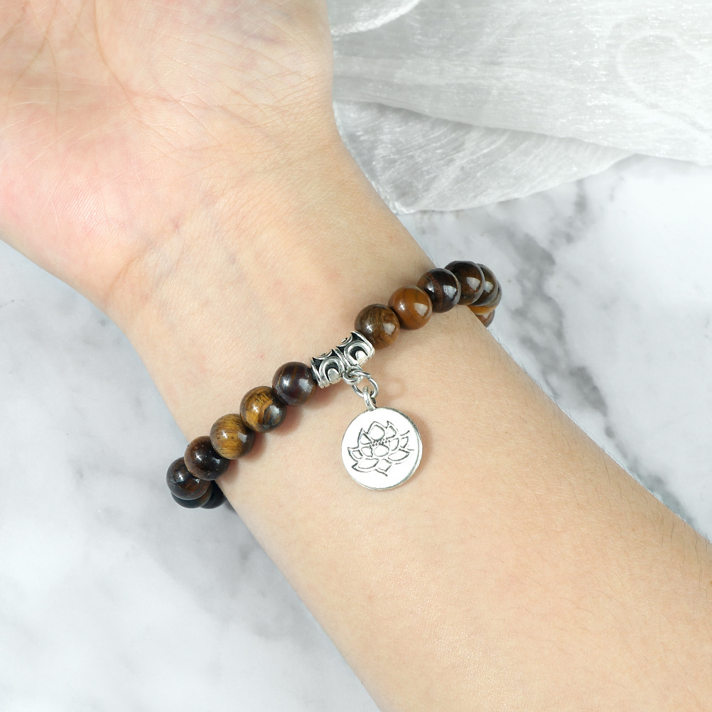 Wholesale 8mm Round Beads Beaded Elastic with Three-Way Alloy Lotus Pendant Buddhist Beads Bracelet