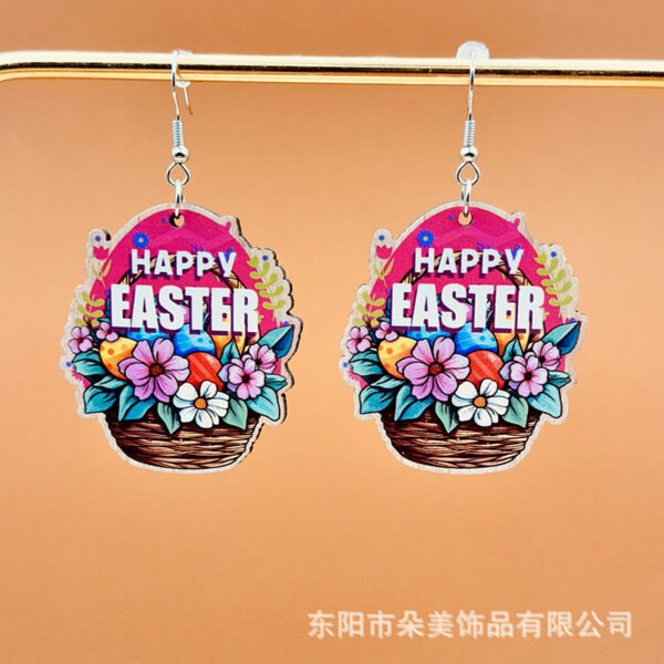 Wholesale Easter colorful egg balloon basket Happy Easter wooden earrings