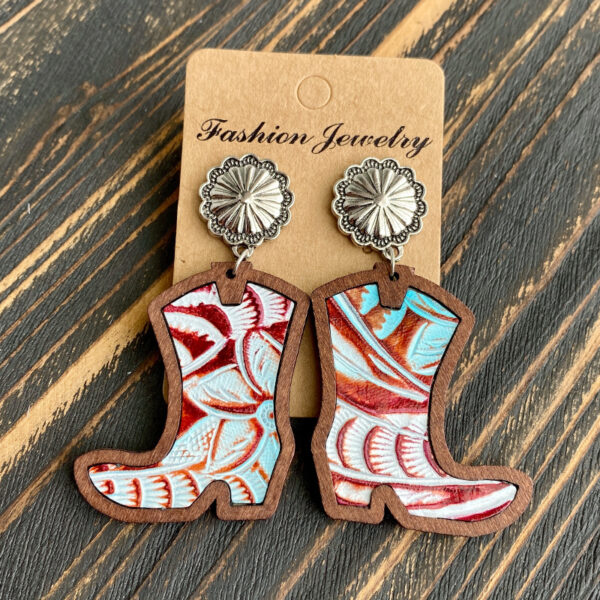Wholesale Cross-border European and American Western Denim boots earrings classic leopard leather inlaid wood texture earrings factory supply