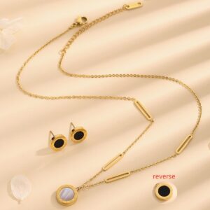 Wholesale Titanium Steel Black and White Mother of Pearl Double Sided Roman Necklace and Earrings