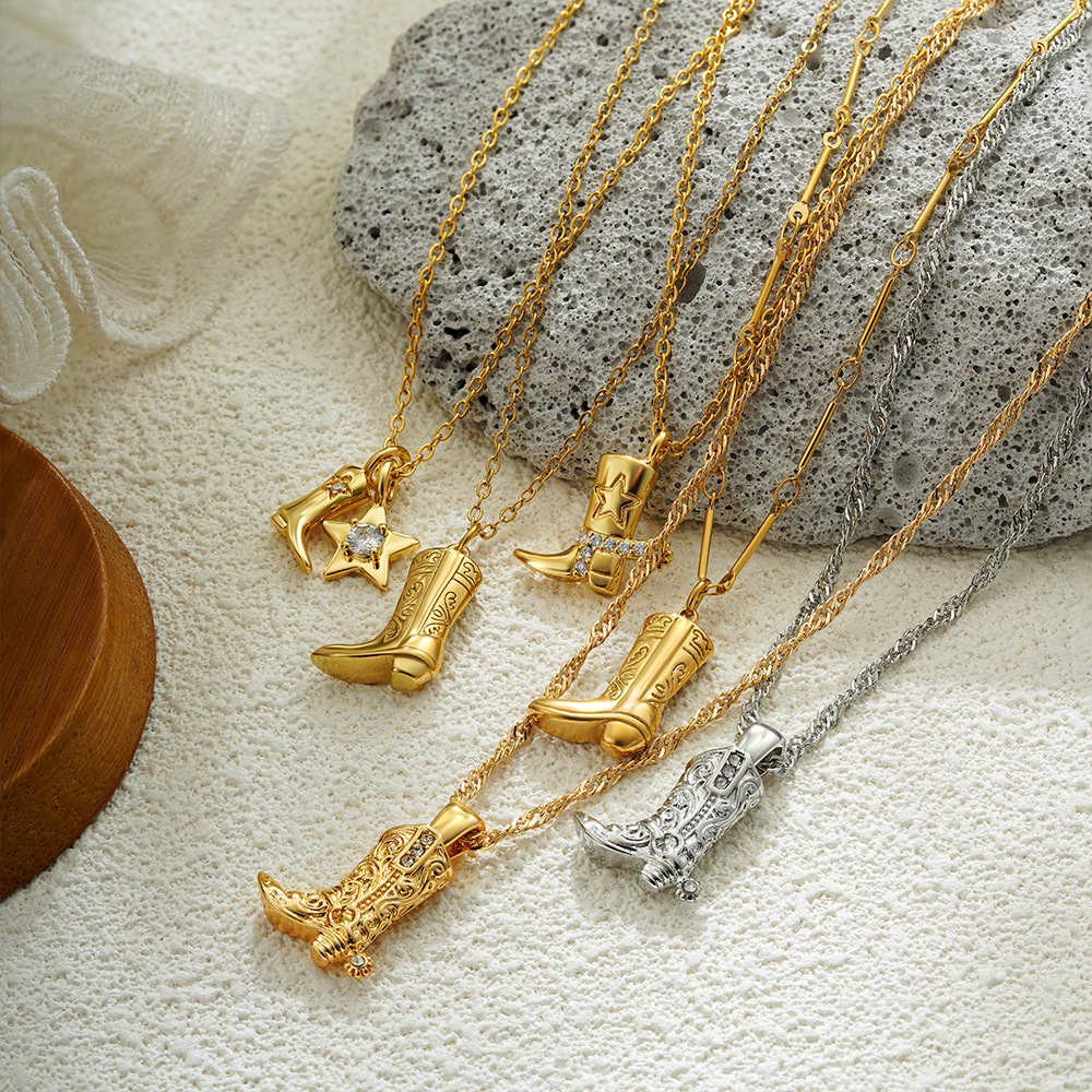 Wholesale Zircon Western Cowboy Boots Carving Stainless Steel Necklace