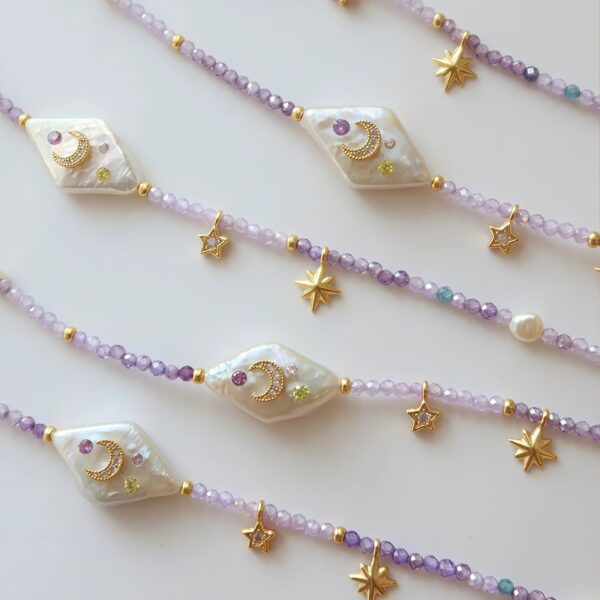 Wholesale Natural Moon Star Purple Beaded Zircon Necklace