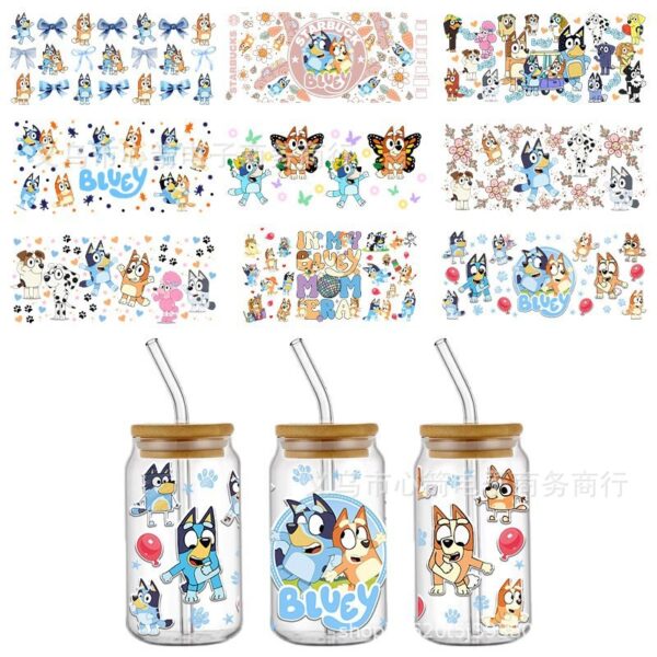 Wholesale Brui UV DTF Crystal Transparent Sticker Cute Cartoon Pattern 16 oz Glass Cup Waterproof Scratch Resistant Cross Border