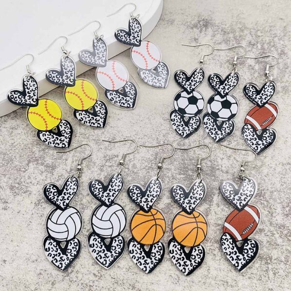 Wholesale Football Love Leopard Pattern Baseball Football Basketball Printed Acrylic Earrings