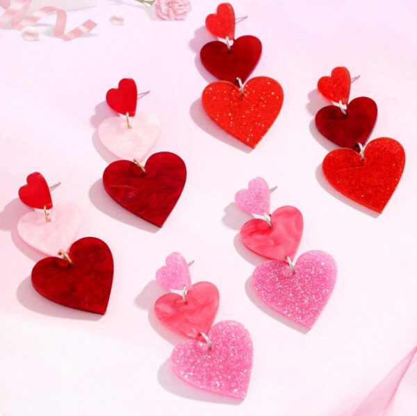 Wholesale Valentine's Day Heart-Shaped Stud Earrings with Simple Three-Link Drop Earrings