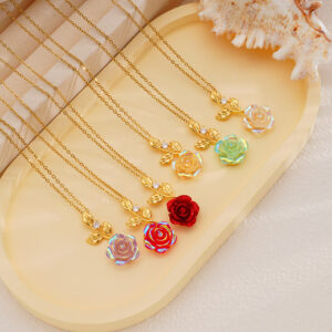 Wholesale Copper inlaid zircon rose crystal flower necklace