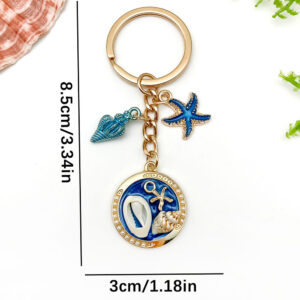Er1924-blue oil dripping oil painting style conch and starfish keychain-11.3g [1 piece]