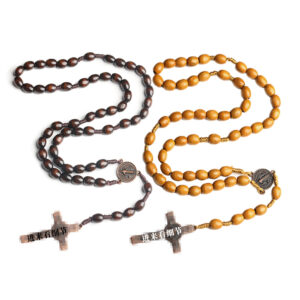Wholesale Wooden Cross Braided Brown Rosary Necklace