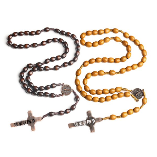 Wholesale Wooden Cross Braided Brown Rosary Necklace