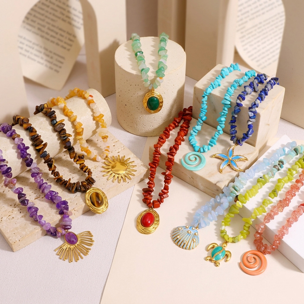 Wholesale Stone Gravel Pillar Necklace Women's Simple and Versatile Titanium Steel Clavicle Chain