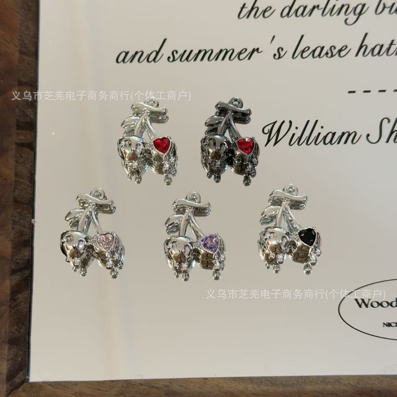 Wholesale Metallic high-quality zircon melted cherry relief pendant, DIY bag charm, phone chain, hair aessory.