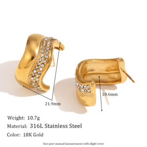 Semi-inlaid wave C- shaped earrings-Gold-white diamond