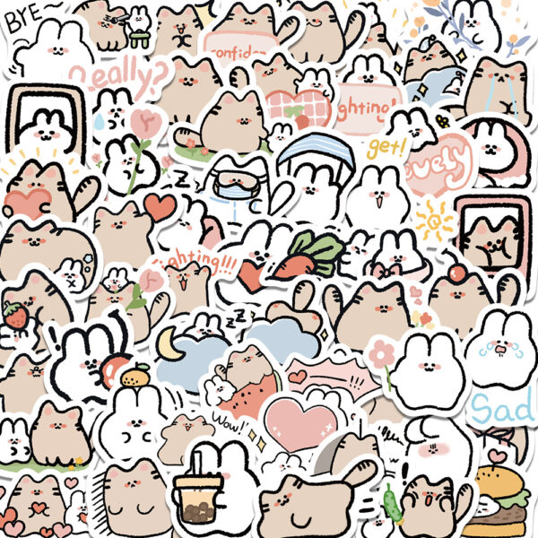 Wholesale 60pcs cartoon cat and rabbit graffiti watercolor proof vinyl stickers