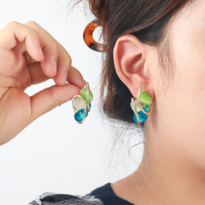 Wholesale Cat's Eye Stone Geometric Full Diamond Earrings