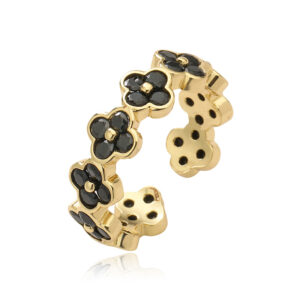 Gold black diamond four-leaf clover ring
