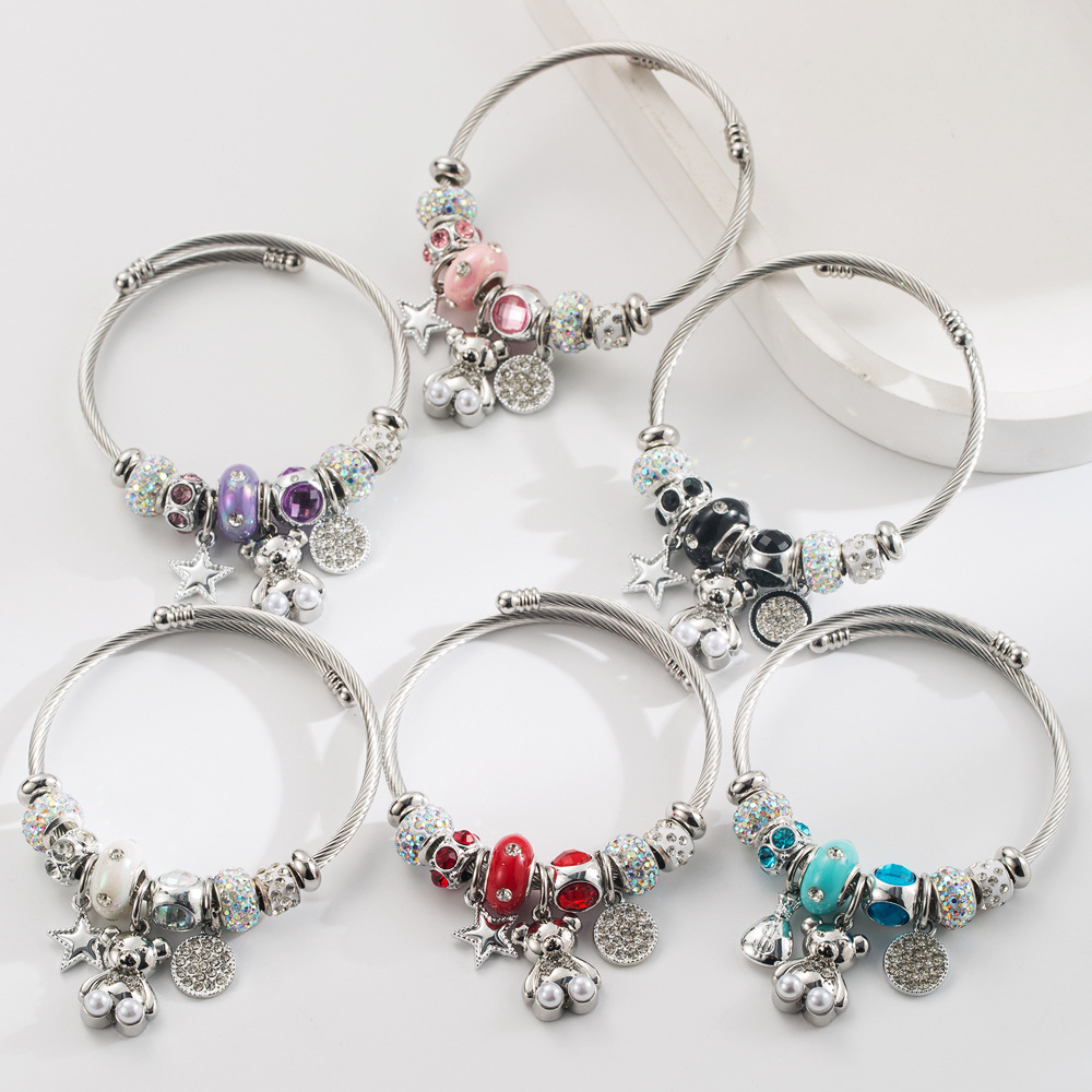 Wholesale Cartoon Bear Star Round Diamond Set Stainless Steel Bracelet
