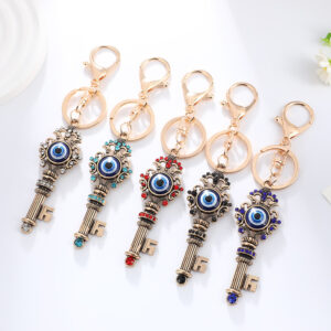 Wholesale Devil's Eye Key Shape with Water Diamond Metal Keychain