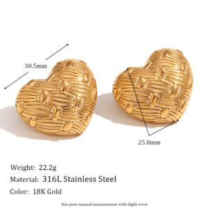 French-style woven peach heart stud earrings-Gold
