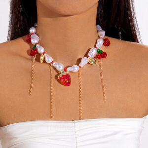 Wholesale Alien Pearl Strawberry Cherry Tassel Valentine's Day Necklace