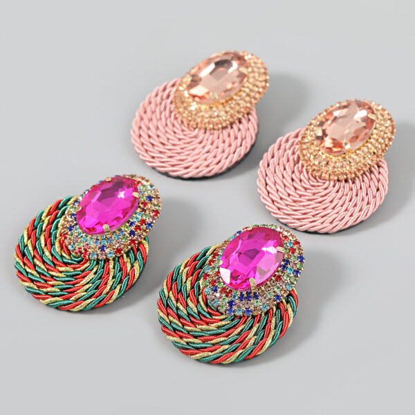 Wholesale studded oval elastic thread woven round earrings