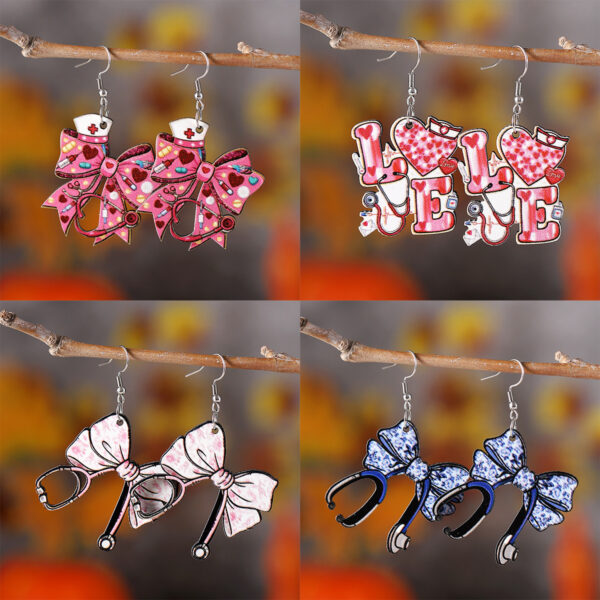 Wholesale Pink Love Nurse Hat Stethoscope Bow Pendant Earrings