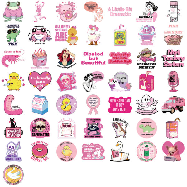 Wholesale 50pcs cartoon pink satirical graffiti watercolor proof vinyl stickers