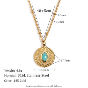Hammer Pattern Turquoise Round Brand Necklace-Gold