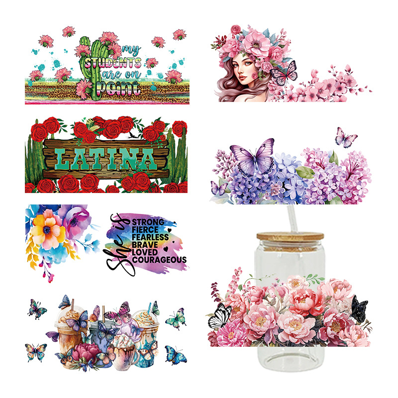Wholesale Colorful Cartoon Butterfly Rose 16oz C UV DTF Wraps