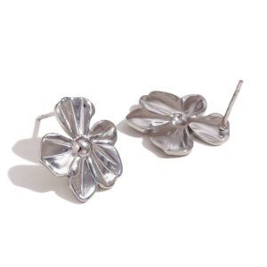 Cast five-petal flower stud earrings-small size-steel color