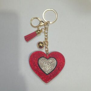 Red and white diamond heart / Keychain + heart tassel